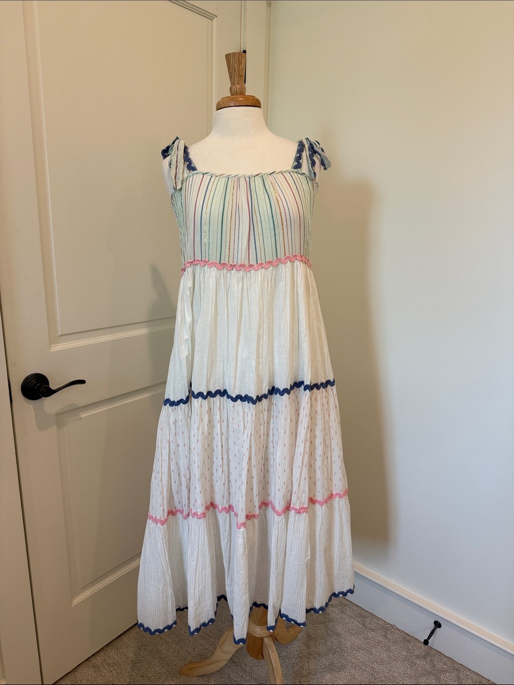 Z&L White Maxi Dress with Pastel Stripes and Navy Trim